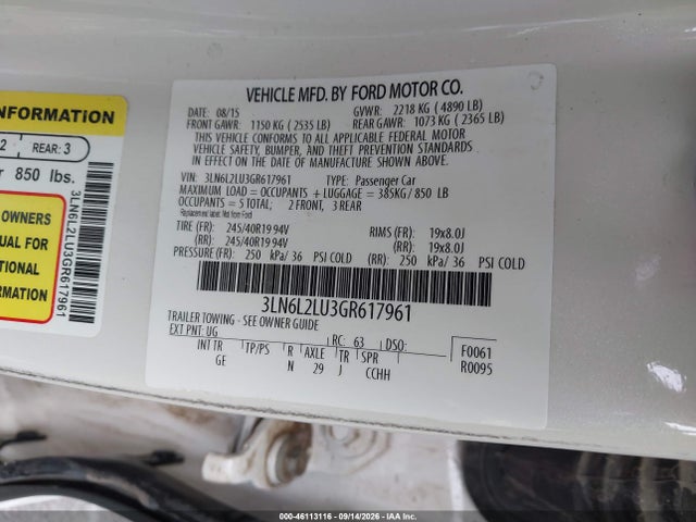 Aukcja sprzedaży 2016 Lincoln Mkz Hybrid, vin: 3LN6L2LU3GR617961, numer aukcji: 46113116
