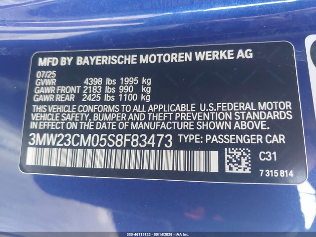 Продаж на аукціоні авто 2025 Bmw 230i, vin: 3MW23CM05S8F83473, номер лоту: 46113123