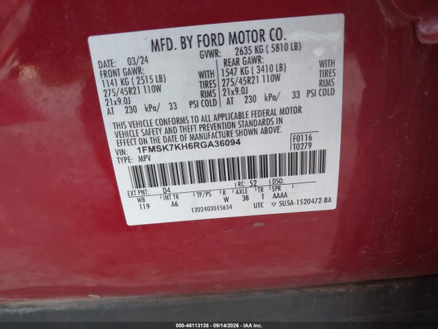 Продажа на аукционе авто 2024 Ford Explorer St-line, vin: 1FMSK7KH6RGA36094, номер лота: 46113138