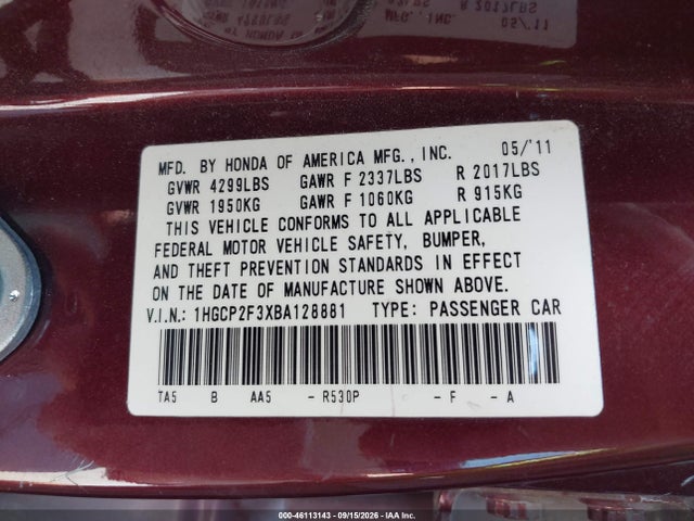 2011 Honda Accord 2.4 Lx მანქანა იყიდება აუქციონზე, vin: 1HGCP2F3XBA128881, აუქციონის ნომერი: 46113143