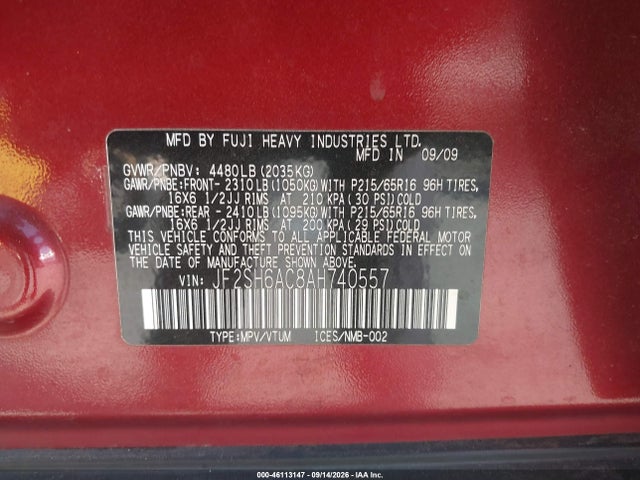 Aukcja sprzedaży 2010 Subaru Forester 2.5x, vin: JF2SH6AC8AH740557, numer aukcji: 46113147