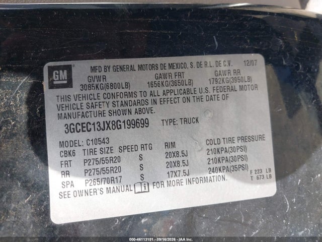 46113151 :رقم المزاد ، 3GCEC13JX8G199699 vin ، 2008 Chevrolet Silverado 1500 Ltz مزاد بيع