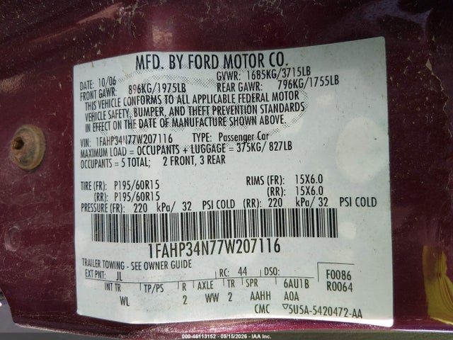 46113152 :رقم المزاد ، 1FAHP34N77W207116 vin ، 2007 Ford Focus S/se/ses مزاد بيع