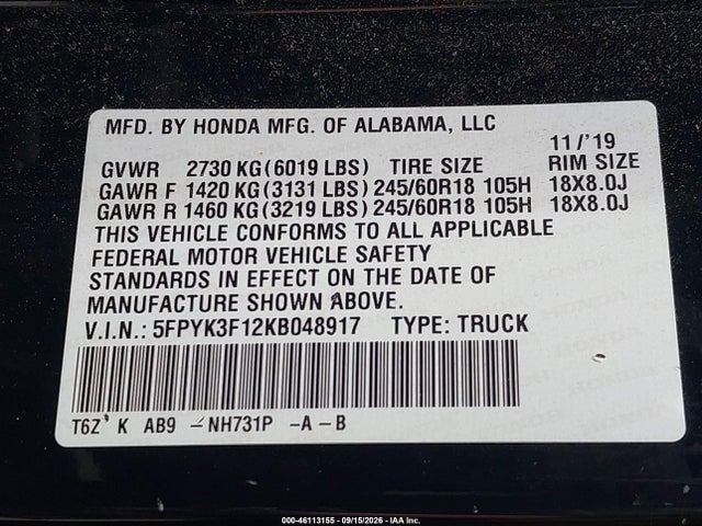 2019 Honda Ridgeline Sport მანქანა იყიდება აუქციონზე, vin: 5FPYK3F12KB048917, აუქციონის ნომერი: 46113155