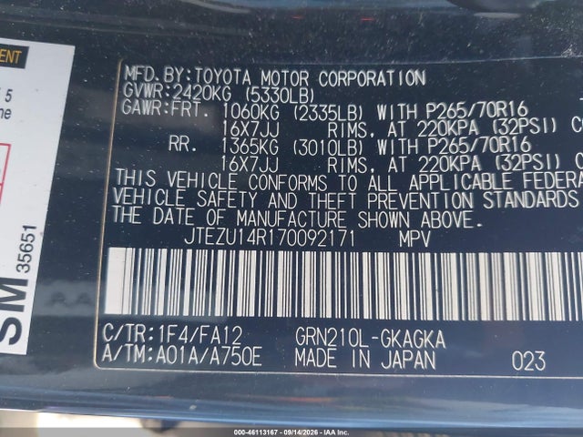 46113167 :رقم المزاد ، JTEZU14R170092171 vin ، 2007 Toyota 4runner Sr5 V6 مزاد بيع