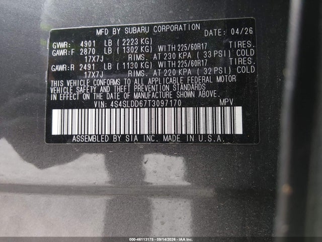 2026 Subaru Forester Premium მანქანა იყიდება აუქციონზე, vin: 4S4SLDD67T3097170, აუქციონის ნომერი: 46113175