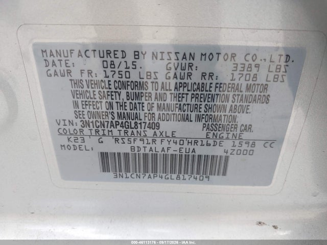 Aukcja sprzedaży 2016 Nissan Versa 1.6 S, vin: 3N1CN7AP4GL817409, numer aukcji: 46113176