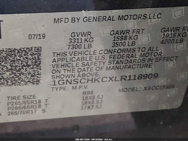 Продаж на аукціоні авто 2020 Chevrolet Suburban 2wd Lt, vin: 1GNSCHKCXLR118909, номер лоту: 46113200