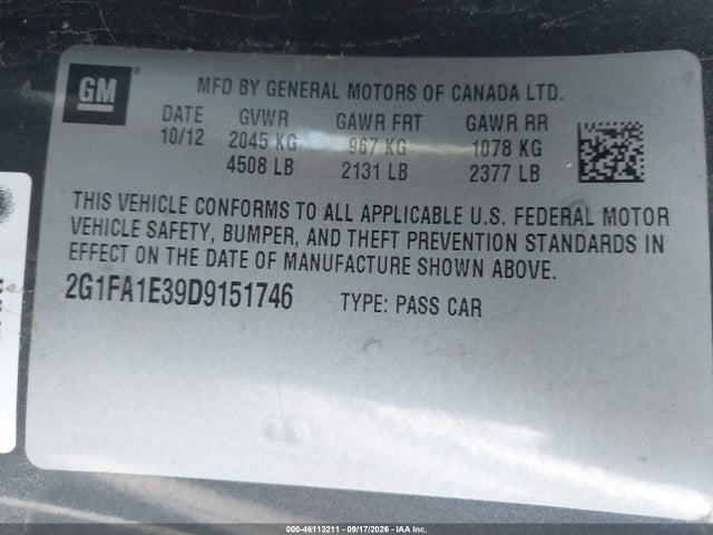 2013 Chevrolet Camaro 2ls მანქანა იყიდება აუქციონზე, vin: 2G1FA1E39D9151746, აუქციონის ნომერი: 46113211