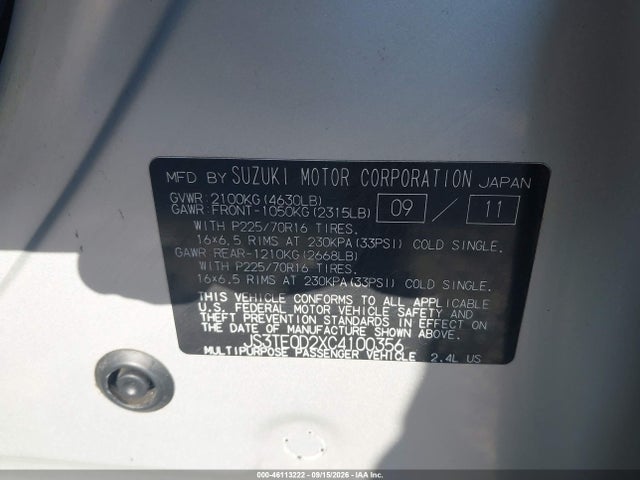2012 Suzuki Grand Vitara Premium მანქანა იყიდება აუქციონზე, vin: JS3TE0D2XC4100356, აუქციონის ნომერი: 46113222
