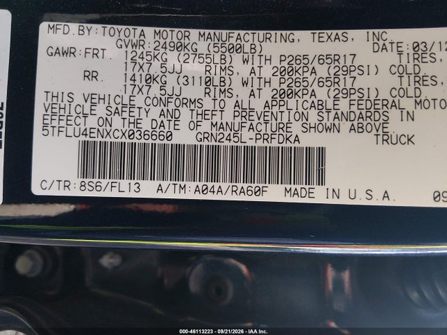 46113223 :رقم المزاد ، 5TFLU4ENXCX036660 vin ، 2012 Toyota Tacoma Base V6 مزاد بيع