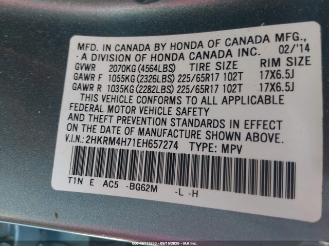 Aukcja sprzedaży 2014 Honda Cr-v Ex-l, vin: 2HKRM4H71EH657274, numer aukcji: 46113233