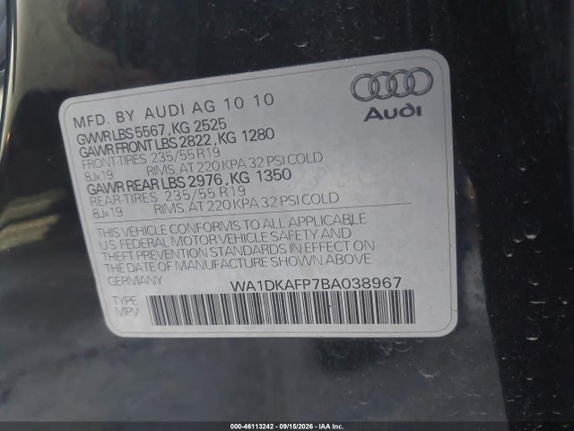 Продаж на аукціоні авто 2011 Audi Q5 3.2 Premium Plus, vin: WA1DKAFP7BA038967, номер лоту: 46113242