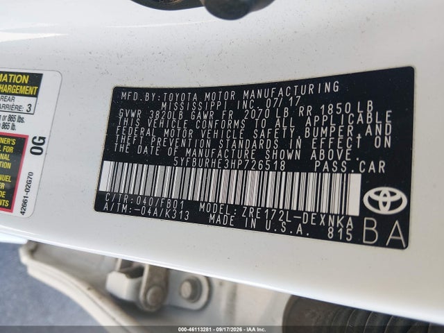 Aukcja sprzedaży 2017 Toyota Corolla Le, vin: 5YFBURHE3HP726518, numer aukcji: 46113281