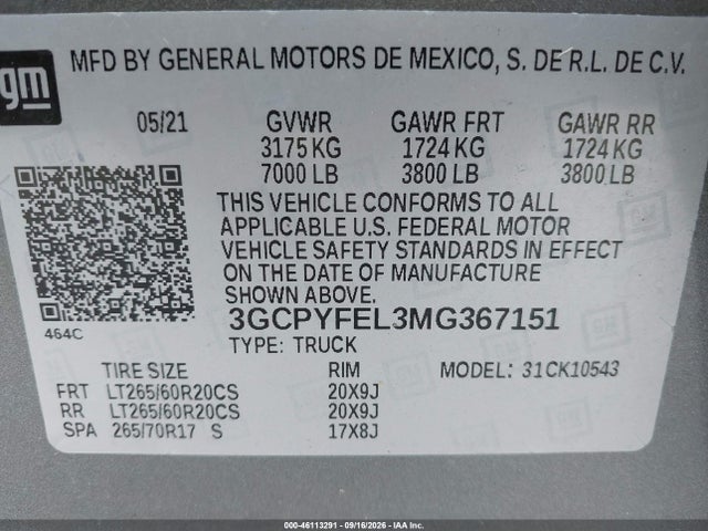 Aukcja sprzedaży 2021 Chevrolet Silverado 1500 4wd  Short Bed Lt Trail Boss, vin: 3GCPYFEL3MG367151, numer aukcji: 46113291