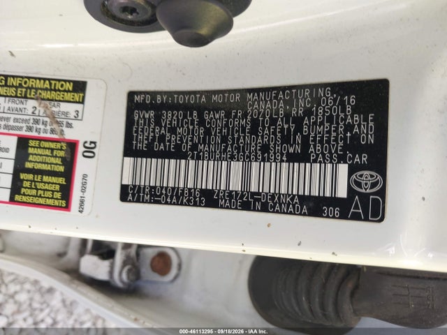 46113295 :رقم المزاد ، 2T1BURHE3GC691994 vin ، 2016 Toyota Corolla Le مزاد بيع