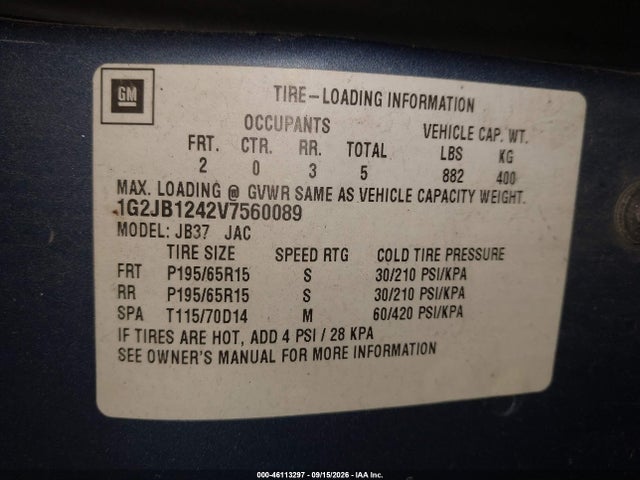 46113297 :رقم المزاد ، 1G2JB1242V7560089 vin ، 1997 Pontiac Sunfire Se مزاد بيع