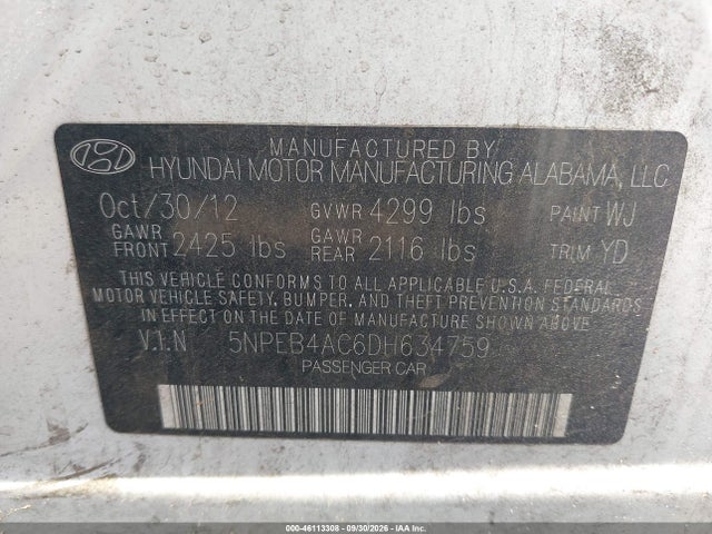 Aukcja sprzedaży 2013 Hyundai Sonata Gls, vin: 5NPEB4AC6DH634759, numer aukcji: 46113308