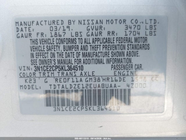 Продаж на аукціоні авто 2019 Nissan Versa Note Sv, vin: 3N1CE2CP5KL364510, номер лоту: 46113315