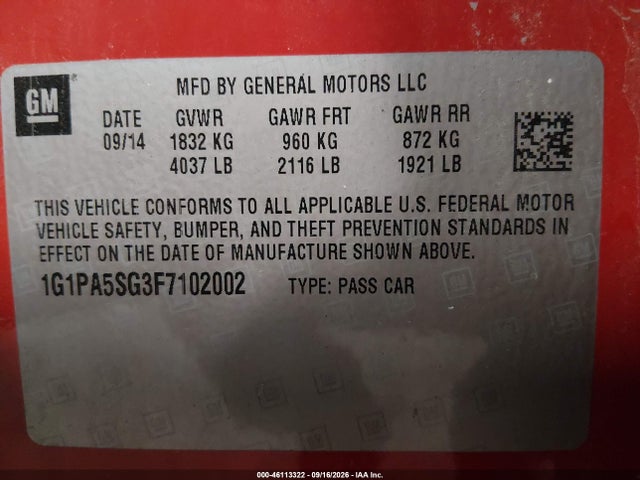 Продаж на аукціоні авто 2015 Chevrolet Cruze Ls Auto, vin: 1G1PA5SG3F7102002, номер лоту: 46113322