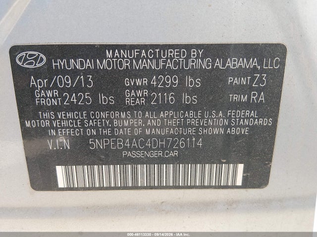 46113330 :رقم المزاد ، 5NPEB4AC4DH726114 vin ، 2013 Hyundai Sonata Gls مزاد بيع