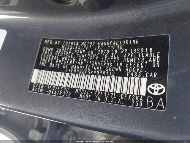 Aukcja sprzedaży 2019 Toyota Corolla Se, vin: 5YFBURHE5KP918112, numer aukcji: 46113335