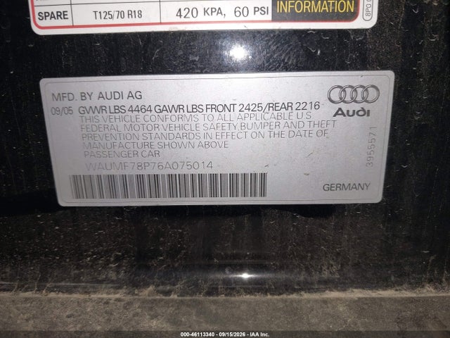 Aukcja sprzedaży 2006 Audi A3 2.0t, vin: WAUMF78P76A075014, numer aukcji: 46113340