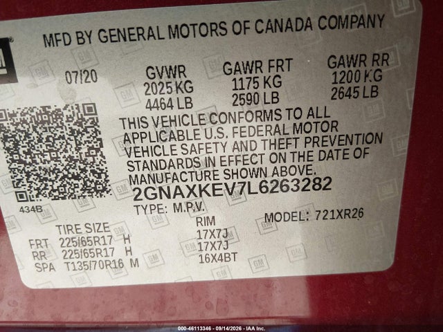 46113346 :رقم المزاد ، 2GNAXKEV7L6263282 vin ، 2020 Chevrolet Equinox Fwd Lt 1.5l Turbo مزاد بيع