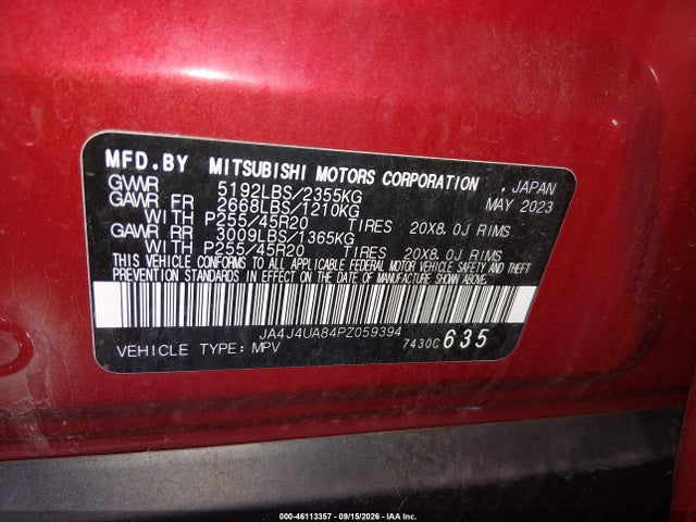 2023 Mitsubishi Outlander Se 2.5 S-awc მანქანა იყიდება აუქციონზე, vin: JA4J4UA84PZ059394, აუქციონის ნომერი: 46113357