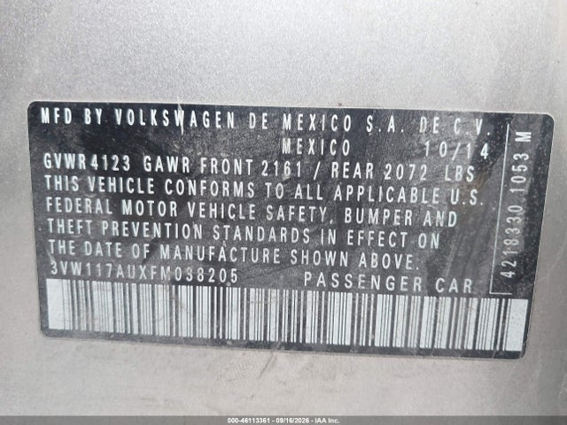 Продажа на аукционе авто 2015 Volkswagen Golf Tsi S 4-door, vin: 3VW117AUXFM038205, номер лота: 46113361