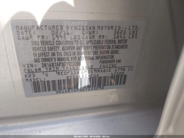 Aukcja sprzedaży 2016 Nissan Sentra Fe+ S/s/sl/sr/sv, vin: 3N1AB7AP3GY233098, numer aukcji: 46113369