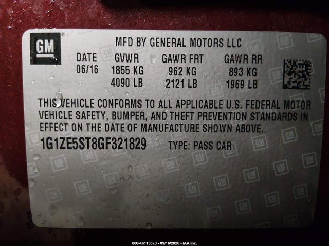 46113373 :رقم المزاد ، 1G1ZE5ST8GF321829 vin ، 2016 Chevrolet Malibu 1lt مزاد بيع