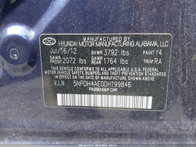Продаж на аукціоні авто 2013 Hyundai Elantra Gls, vin: 5NPDH4AE0DH199846, номер лоту: 46113375