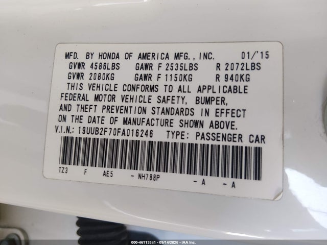 2015 Acura Tlx V6 Advance მანქანა იყიდება აუქციონზე, vin: 19UUB2F70FA016246, აუქციონის ნომერი: 46113381