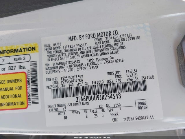 46113385 :رقم المزاد ، 3FA6P0UU9JR254543 vin ، 2018 Ford Fusion Hybrid S مزاد بيع