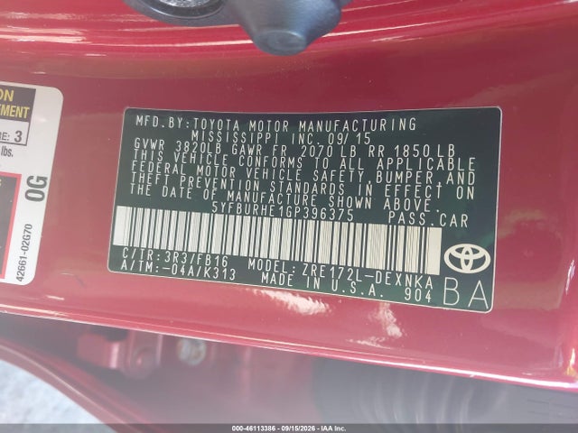Toyota COROLLA LE 2016 5YFBURHE1GP396375 Image 9