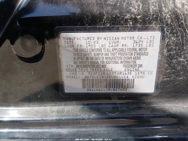 2024 Nissan Versa 1.6 S მანქანა იყიდება აუქციონზე, vin: 3N1CN8DV3RL827402, აუქციონის ნომერი: 46113391