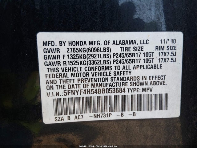 2011 Honda Pilot Ex-l მანქანა იყიდება აუქციონზე, vin: 5FNYF4H54BB053684, აუქციონის ნომერი: 46113394