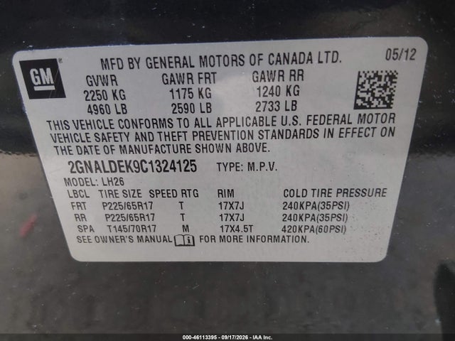 2012 Chevrolet Equinox 1lt მანქანა იყიდება აუქციონზე, vin: 2GNALDEK9C1324125, აუქციონის ნომერი: 46113395