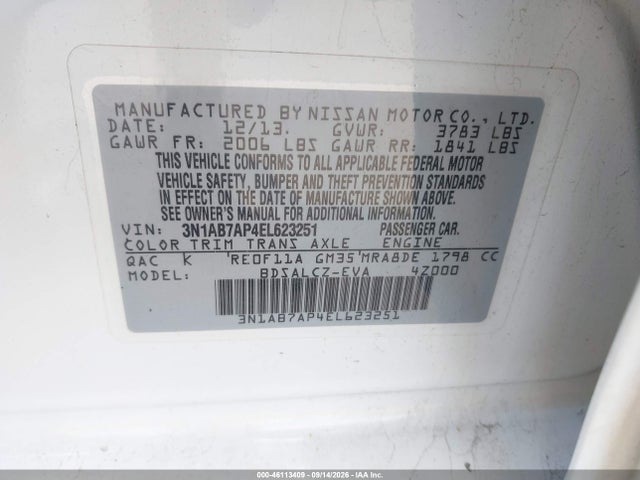 Aukcja sprzedaży 2014 Nissan Sentra S, vin: 3N1AB7AP4EL623251, numer aukcji: 46113409