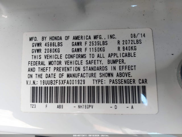 Aukcja sprzedaży 2015 Acura Tlx V6 Tech, vin: 19UUB2F5XFA001929, numer aukcji: 46113411