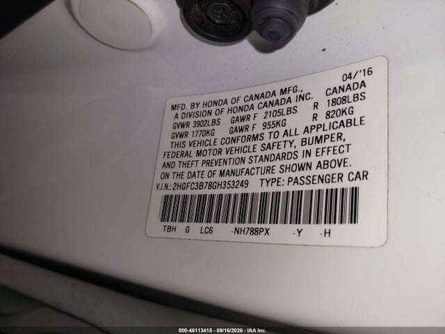 Aukcja sprzedaży 2016 Honda Civic Ex-l, vin: 2HGFC3B78GH353249, numer aukcji: 46113415