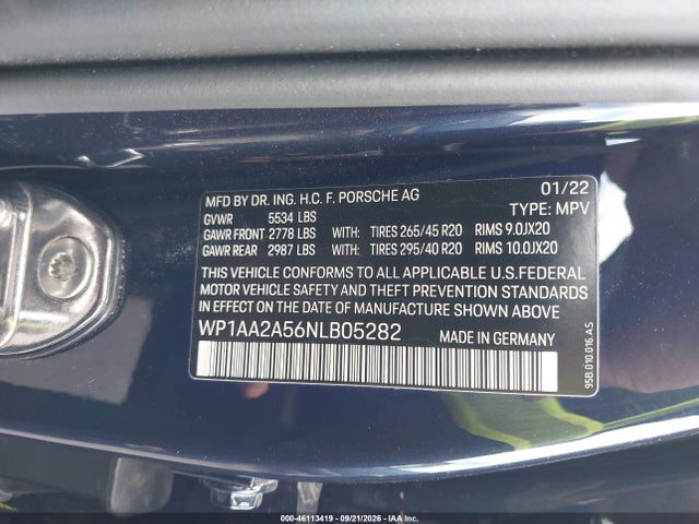 Продаж на аукціоні авто 2022 Porsche Macan, vin: WP1AA2A56NLB05282, номер лоту: 46113419