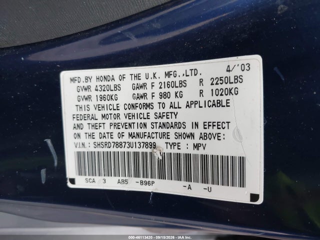 Auction sale of the 2003 Honda Cr-v Ex, vin: SHSRD78873U137899, lot number: 46113420