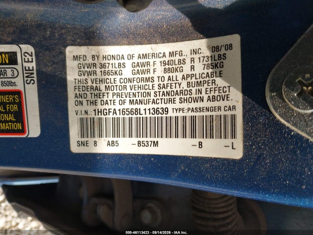 Продажа на аукционе авто 2008 Honda Civic Lx, vin: 1HGFA16568L113639, номер лота: 46113423