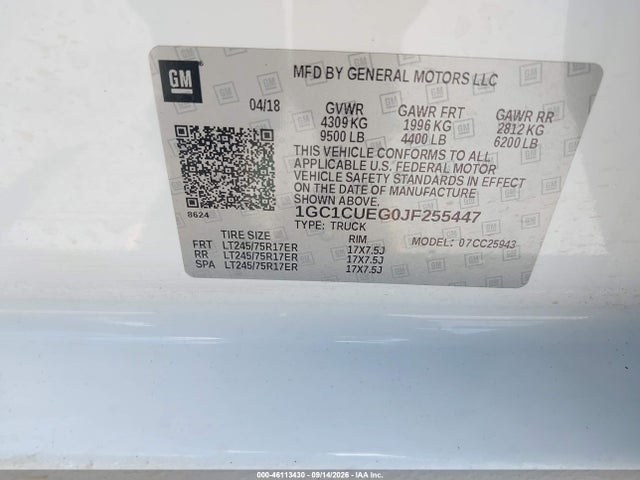 46113430 :رقم المزاد ، 1GC1CUEG0JF255447 vin ، 2018 Chevrolet Silverado 2500hd Wt مزاد بيع