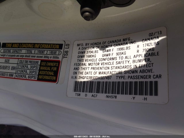 2013 Honda Civic Lx მანქანა იყიდება აუქციონზე, vin: 2HGFG3B50DH507497, აუქციონის ნომერი: 46113433