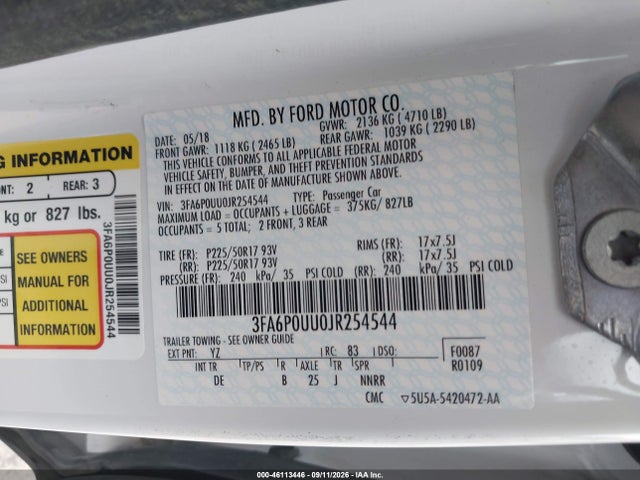 Продаж на аукціоні авто 2018 Ford Fusion Hybrid S, vin: 3FA6P0UU0JR254544, номер лоту: 46113446