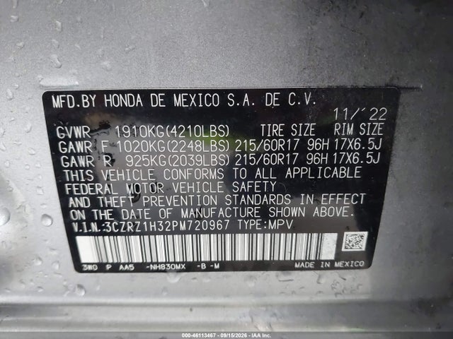 Продажа на аукционе авто 2023 Honda Hr-v 2wd Lx, vin: 3CZRZ1H32PM720967, номер лота: 46113467