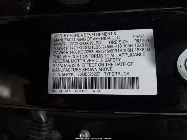 Aukcja sprzedaży 2021 Honda Ridgeline Rtl-e, vin: 5FPYK3F76MB025227, numer aukcji: 46113476